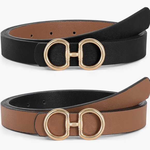 TRIWORKS Women Reversible Black/Brown Artificial PU Leather Belt w/ Gold Buckle - Picture 1 of 4